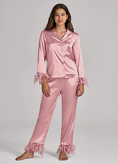 front Matching Color Satin Feathered Pajamas