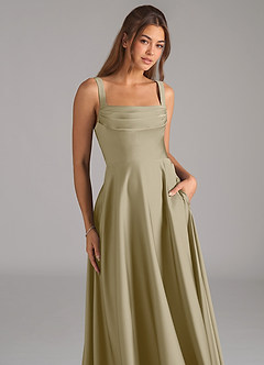 Azazie Shaude Bridesmaid Dresses Moss Green A-Line Pleated Stretch Satin Dress image2