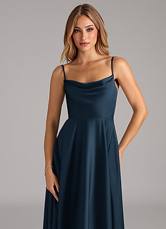 Azazie Elle Vestidos de damas de honor Vestido Azul Marino Oscuro de Satén Elástico de Línea A con Plisado image2