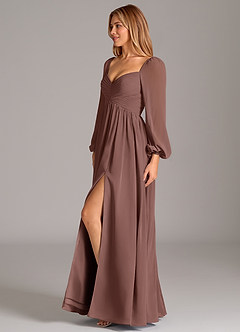 Azazie Bailee Bridesmaid Dresses Espresso A-Line Long Sleeve Chiffon Dress image3