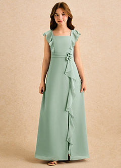 Azazie Soso Girls Formal Robe Demoiselle D'honneur Fillette Robe Trapèze en Mousseline de soie Plissée Agave image3