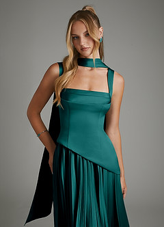 Azazie Stephanie Bridesmaid Dresses Peacock A-Line Corset Stretch Satin Dress image5