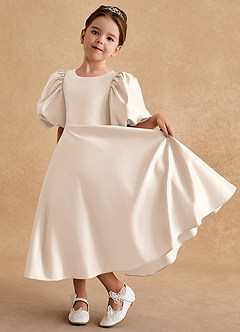 Azazie Sugarplum Flower Girl Dresses White Alabaster A-Line with Sleeves Matte Satin Dress image5