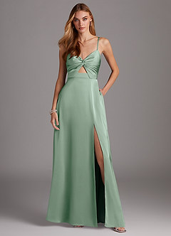 Azazie Jenna Bridesmaid Dresses Agave A-Line Pleated Stretch Satin Dress image2