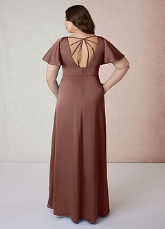 Azazie Lani Bridesmaid Dresses Espresso A-Line Flounce Sleeve Stretch Satin Dress image14