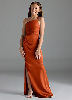 Azazie Eren Junior Paprika Sheath Pleated Stretch Satin Dress image1