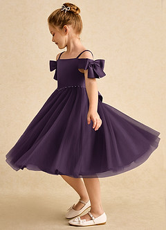 Azazie Amie Flower Girl Dresses Plum A-Line Off the Shoulder Matte Satin Dress image4