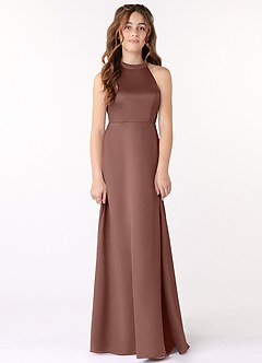 Azazie Laurel Junior Espresso A-Line Stretch Satin Dress image1