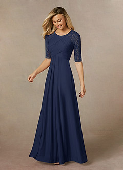 Azazie Raelyn At-home Try On Dresses Dark Navy A-Line Lace Mesh Dress image3