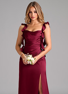 Azazie Jessamine Bridesmaid Dresses Burgundy A-Line Corset Stretch Satin Dress image7