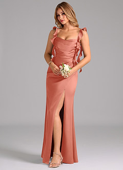 Azazie Jessamine Bridesmaid Dresses Salmon Pink Sheath Corset Stretch Satin Dress image1