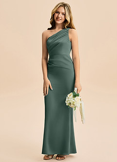 Azazie Akilah Junior Vestido Musgo Marinho de Cetim elástico de Bainha com Plissado image5