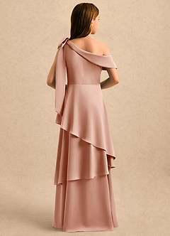 Azazie Shyloh Girls Formal Flower Girl Dresses Rose Gold A-Line Off the Shoulder Stretch Satin Dress image2
