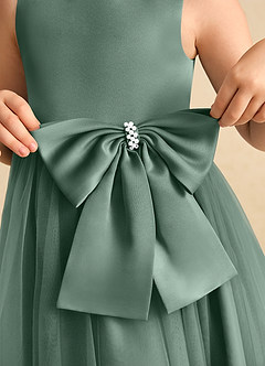 Azazie Twinsie Flower Girl Dresses Eucalyptus A-Line Bow Tulle Dress image6