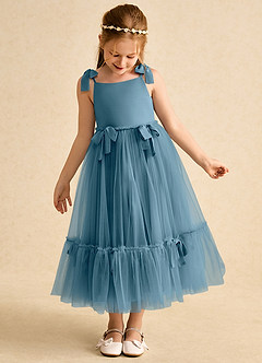 Azazie Jaci Blumenmädchenkleider A-Linie Spaghetti Riemen Chiffon Kleid Bermudablau image6