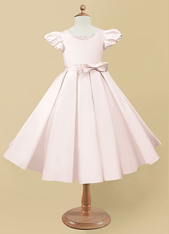 Azazie Jewel Flower Girl Dresses Rose Petal Ball-Gown Pleated Matte Satin Dress image4