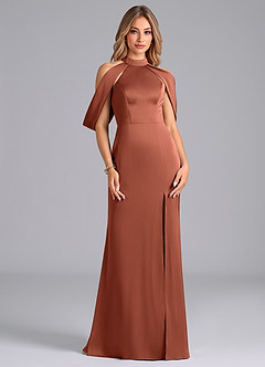 Azazie Bonny Bridesmaid Dresses Clay Mermaid Off the Shoulder Stretch Satin Dress image1
