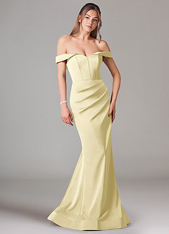 Azazie Everly Jurken voor bruidsmeisjes Converteerbaar Jurk van Stretch Satijn met Zeemeermin Off the Shoulder Citroensorbet image1