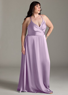 Azazie Davis Bridesmaid Dresses Frosted Lilac A-Line Pleated Stretch Satin Dress image9
