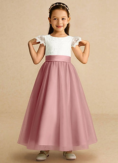 Azazie Pookie vestidos de niña de las flores Vestido Rosa Polvorienta de Tul de Corte en A con Encaje image3