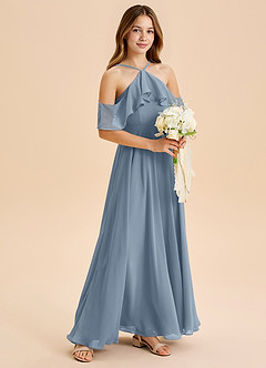 Azazie Tessabelle Junior Dusty Blue A-Line Off the Shoulder Chiffon Dress image1