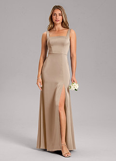 Azazie Frostine Bridesmaid Dresses Taupe A-Line Bow Stretch Satin Dress image3