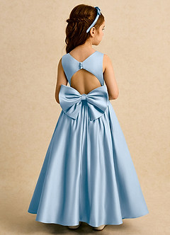 Azazie Nellia vestidos de niña de las flores Vestido Azul Pálido de Satin Mate de Línea A con Lazo image1