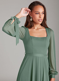 Azazie Leonia Bridesmaid Dresses Eucalyptus A-Line Long Sleeve Mesh Dress image5