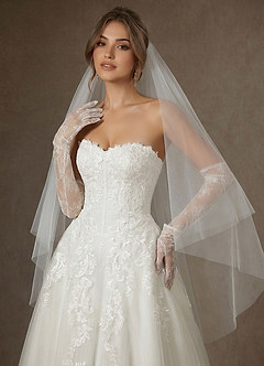 front Simple Two-Tier Fingertip Drop Wedding Veil with Blusher