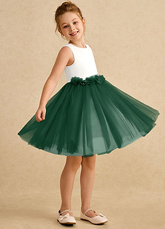 Azazie Louisa Flower Girl Dresses Ivory Dark Green A-Line Sleeveless Tulle Dress image3
