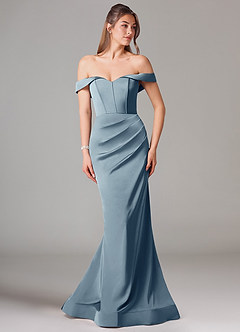Azazie Everly Bridesmaid Dresses Dusty Blue Mermaid Off the Shoulder Stretch Satin Convertible Dress image3