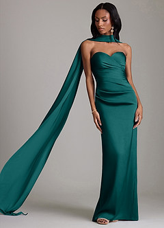 Azazie Sonora Vestidos de damas de honor Vestido de Pavo Real de Satén Elástico de Corte Recto con Sin tirantes image8