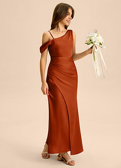 Azazie Madelyn Junior Osłona Zza ramienia Satyna elastyczna Długość podłogi Młodsza druhna Sukienka image6