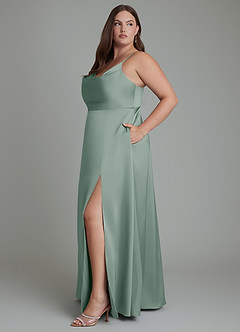 Azazie Sarella Bridesmaid Dresses Silver Sage A-Line Pleated Stretch Satin Dress image11