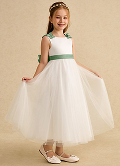 Azazie Lilli Flower Girl Dresses Ivory Matcha A-Line Bow Tulle Dress image1