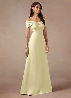 Azazie Amelia Mother of the Bride Dresses Lemon Sorbet A-Line Off the Shoulder Stretch Satin Dress image4