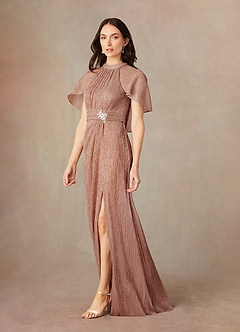 Azazie Draga Mother of the Bride Dresses Rose Gold Sheath Pleated Metallic Mesh Dress image2