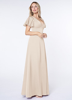 Azazie Lani Bridesmaid Dresses White Alabaster A-Line Flounce Sleeve Stretch Satin Dress image4