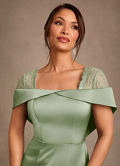 Azazie Henrieta vestidos de madre de la novia Vestido de Salvia Polvorienta de Satén Elástico de Corte Recto con Encaje image6