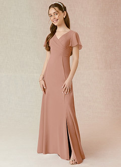 Azazie Induh Junior Champagne Rose A-Line Ruched Chiffon Dress image1