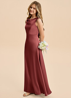 Azazie Kiki Junior Terracotta A-Line Bow Stretch Satin Dress image3
