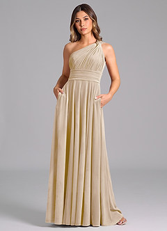 Azazie Charlize Bridesmaid Dresses Champagne A-Line One Shoulder Velvet Dress image3
