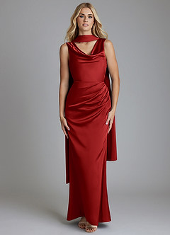 Azazie Tallie Bridesmaid Dresses Pomegranate Mermaid Pleated Stretch Satin Dress image5