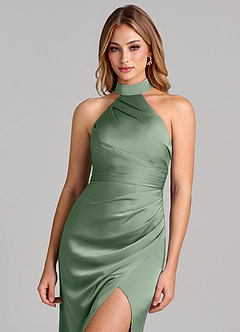 Azazie Karlotta Bridesmaid Dresses Matcha Sheath Pleated Stretch Satin Dress image6