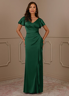 Azazie Roya Mother of the Bride Dresses Dark Green Mermaid V-Neck Pleated Stretch Satin Dress image2
