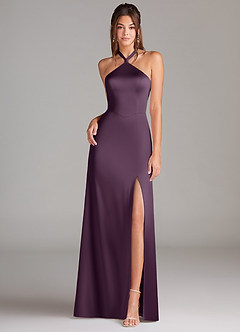 Azazie Elliana Bridesmaid Dresses Plum A-Line Side Slit Stretch Satin Dress image4