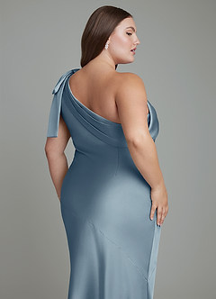 Azazie Yuanna Jurken voor bruidsmeisjes Jurk van Stretch Satijn met Zeemeermin One-shoulder Stoffig Blauw image14