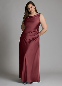 Azazie Nerine Bridesmaid Dresses Merlot A-Line Pleated Stretch Satin Dress image10