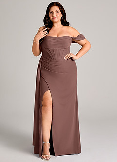 Azazie Amyra Bridesmaid Dresses Espresso Sheath Off the Shoulder Chiffon Convertible Dress image9