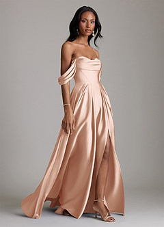 Azazie Loisa Abiti da Damigella Abito A-Line in Raso Elasticizzato a Spalla Scoperta Oro Rosa image6